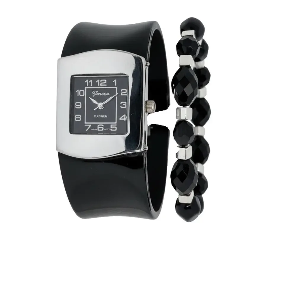 Geneva Platinum Black Cuff Watch + Handmade Beaded Bracelet Set
